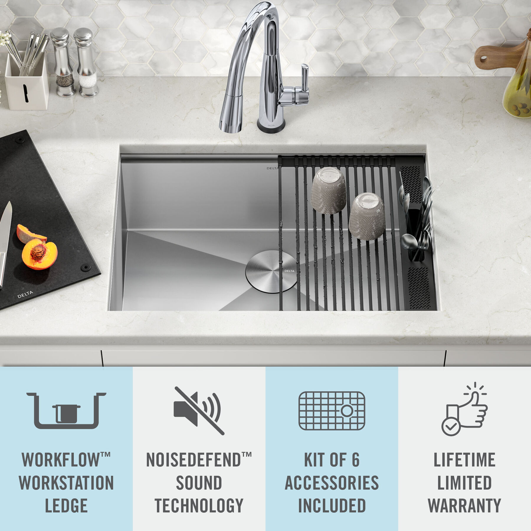 27” Workstation Kitchen Sink Undermount 16 Gauge Stainless Steel Single Bowl with WorkFlow™ Ledge and Accessories, image 17
